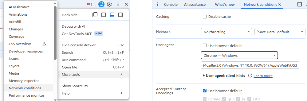 Screenshot of navigating to the Chrome "Network conditions" menu to select the "Chrome - Windows" user agent.