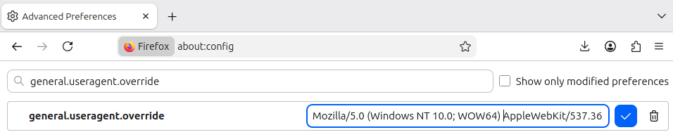 Screenshot of setting Firefox's user agent override in "about:config".