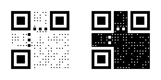 Two more versions of the same QR code, but with expanded regions in white and black, respectively.