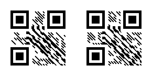 Two QR codes whose design contains many long diagonal stripes from top left to bottom right.