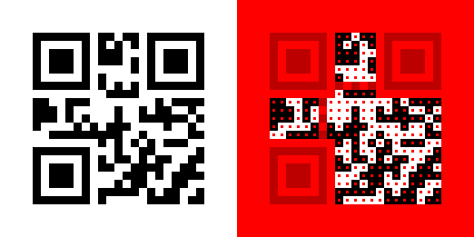 A QR code, first shown in black-and-white and then with many sections colored in red.
