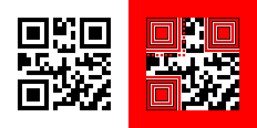 A QR code, first shown in black-and-white and then with a few sections colored in red.