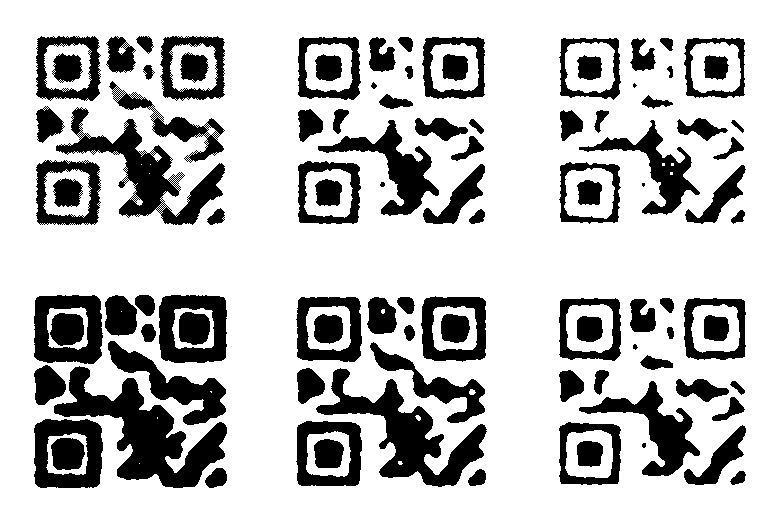 Six similar-looking QR codes that have progressively thicker or thinner segments of black vs. white.