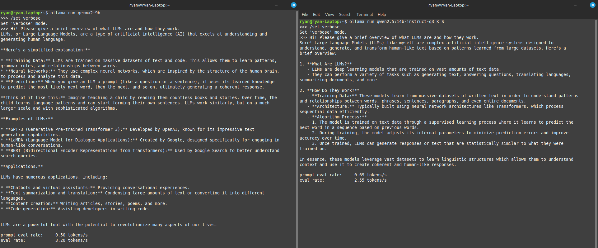 Two lengthy text responses from LLMs answering the prompt "Hi! Please give a brief overview of what LLMs are and
how they work." They run at ~0.5-0.7 tokens/s during prompt evaluation and ~2.5-3.2 tokens/s during inference.