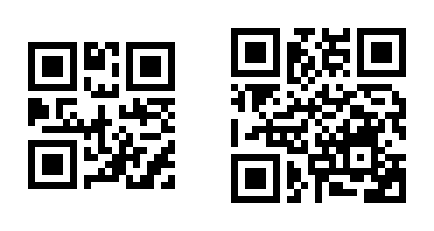 Two QR codes. The one one the left is about 30% smaller than the one on the right.