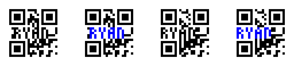 Two QR codes that include a large "RYAN" in the design, each displayed in black-and-white and again with the
"RYAN" in blue.