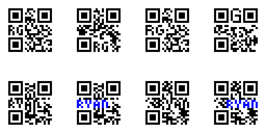Eight QR codes displayed in a grid. The top three include "RG" in the design in various positions and sizes. Two
more include "RYAN", each displayed in black-and-white and again with the "RYAN" in blue. The final QR code includes a
large "G".