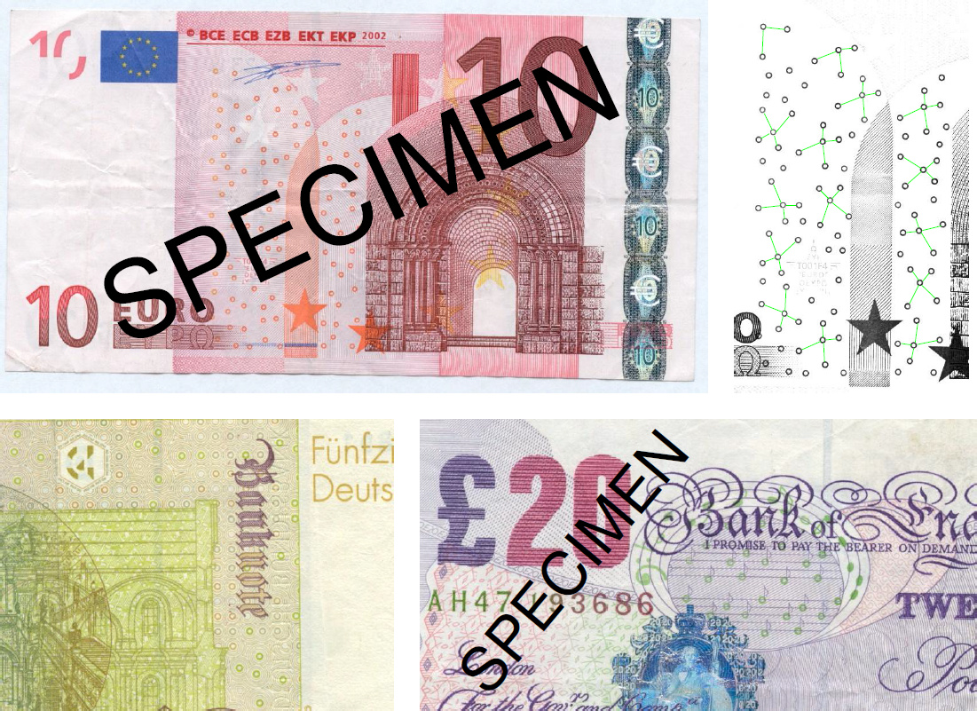 Three more banknotes with patterns of circles included in the design, in backgrounds and as music notes.